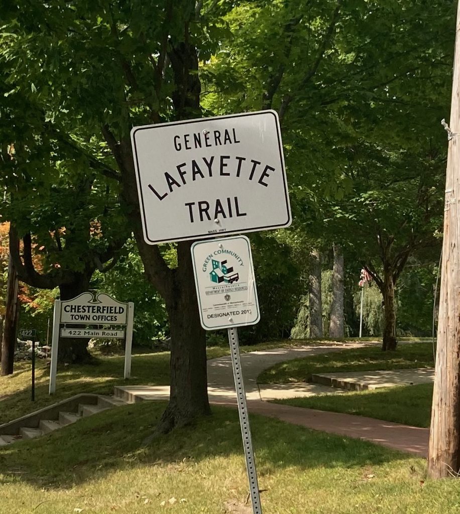 Roadside sign reading "General Lafayette trail"
