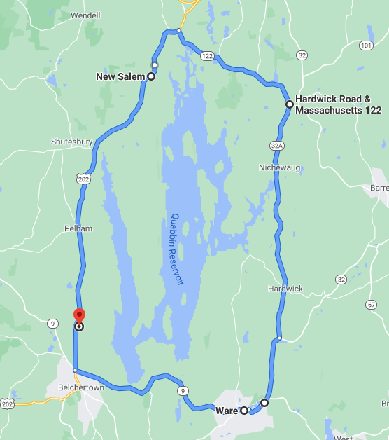 Map showing a route around the Quabbin Reservoir - starting in Belchertown, going east to Ware, then north to Petersham, then west to New Salem, and back south to Belchertown.
