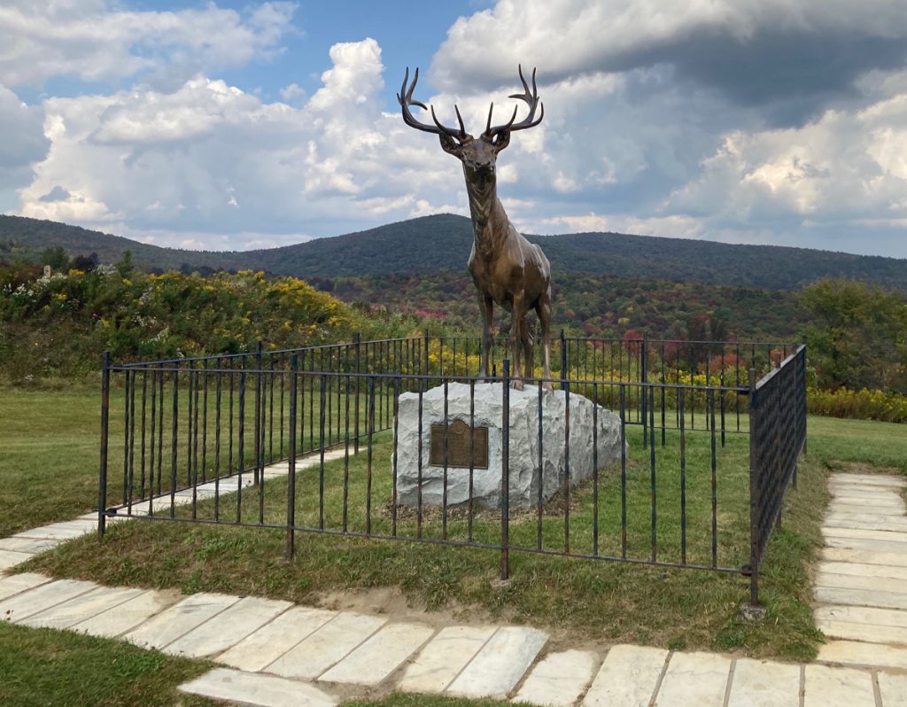 Bronze statue of a male elk, standing on a rock with a small plaque on the front of the rock.  The statue is surrounded by a low metal fence, with grass and paving stones around.   Behind it is a view of hills in the distance.