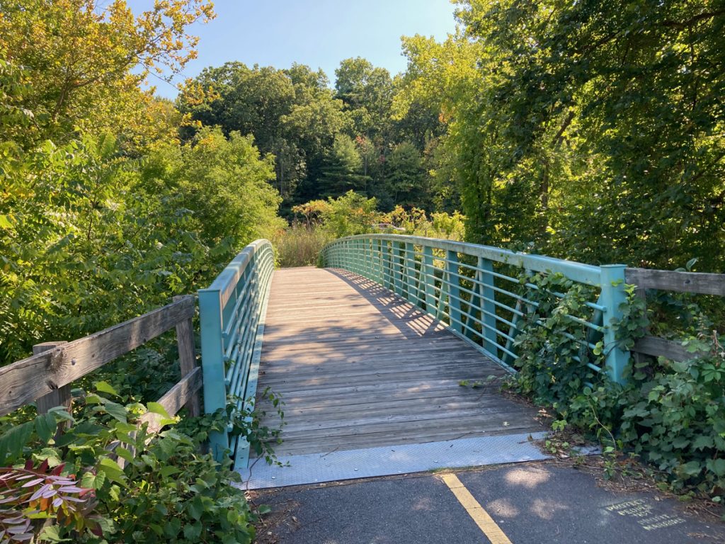 Trail bridge with wooden deck and greenish metal railings, with trees all around.