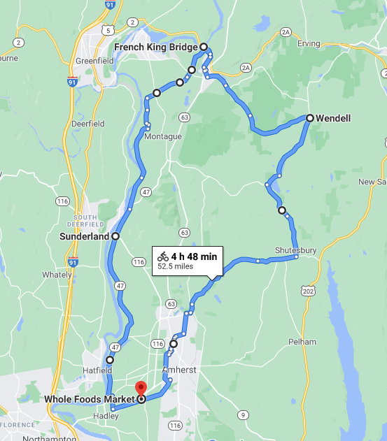 Map of route going from Hadley up into Franklin County towns and back