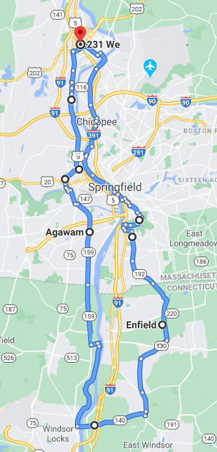 Map showing route south from Holyoke, through Springfield, into Enfield, Connecticut, and back north through Windsor Locks, CT, Agawam, MA, etc.