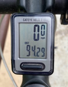 Bike odometer showing mileage of ninety-four point two nine.